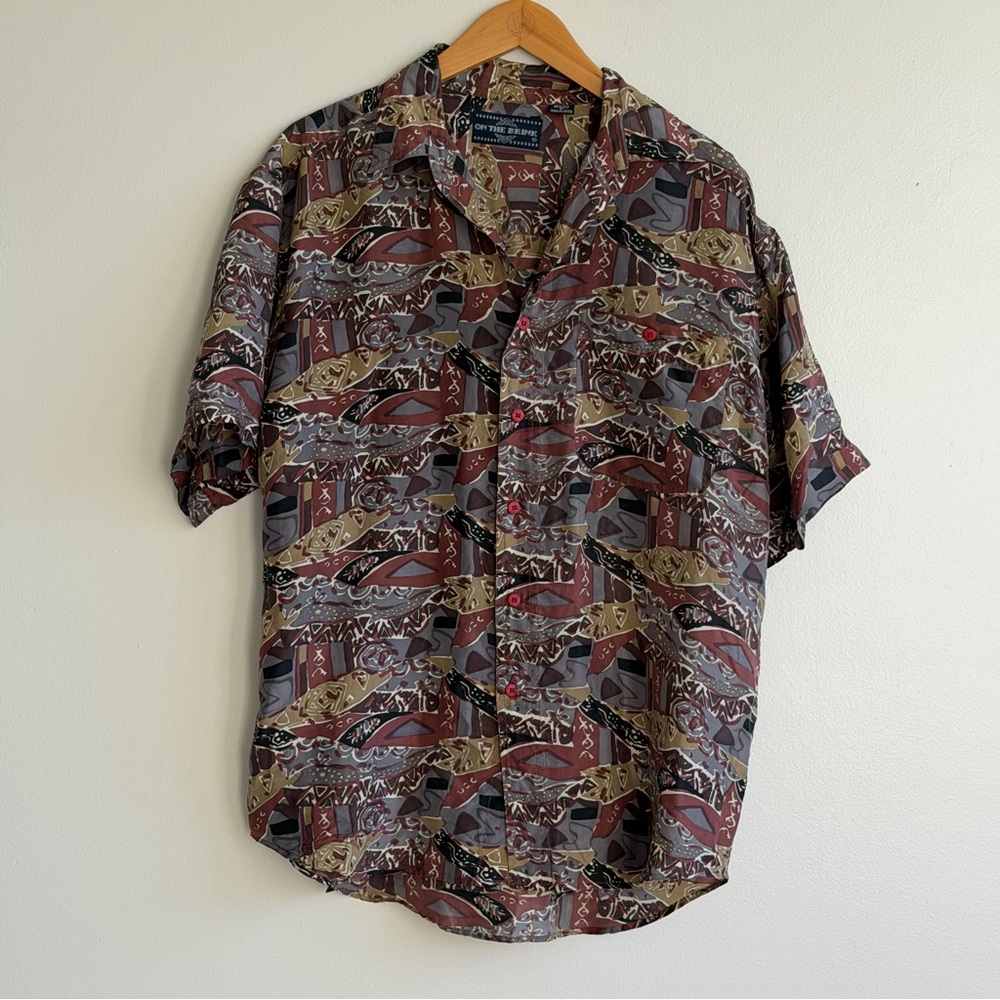 On The Brink 100% Washable Silk Abstract Print Button Up Shirt Men’s M